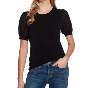 CeCe Black Short Puff Sleeve Mixed Media Knit Top Size S